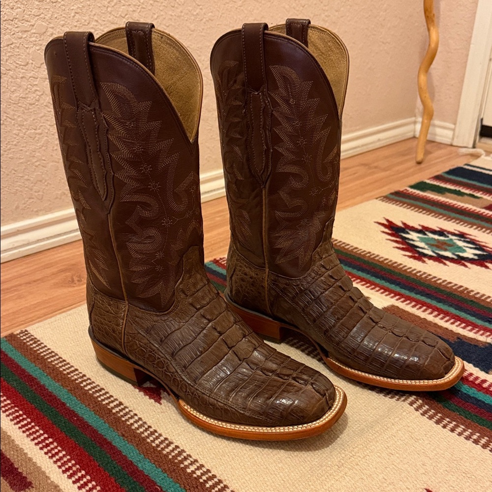 Lucchese Tan Burnish Hornback Caiman Tail & Foot Wide Square Toe Exotics